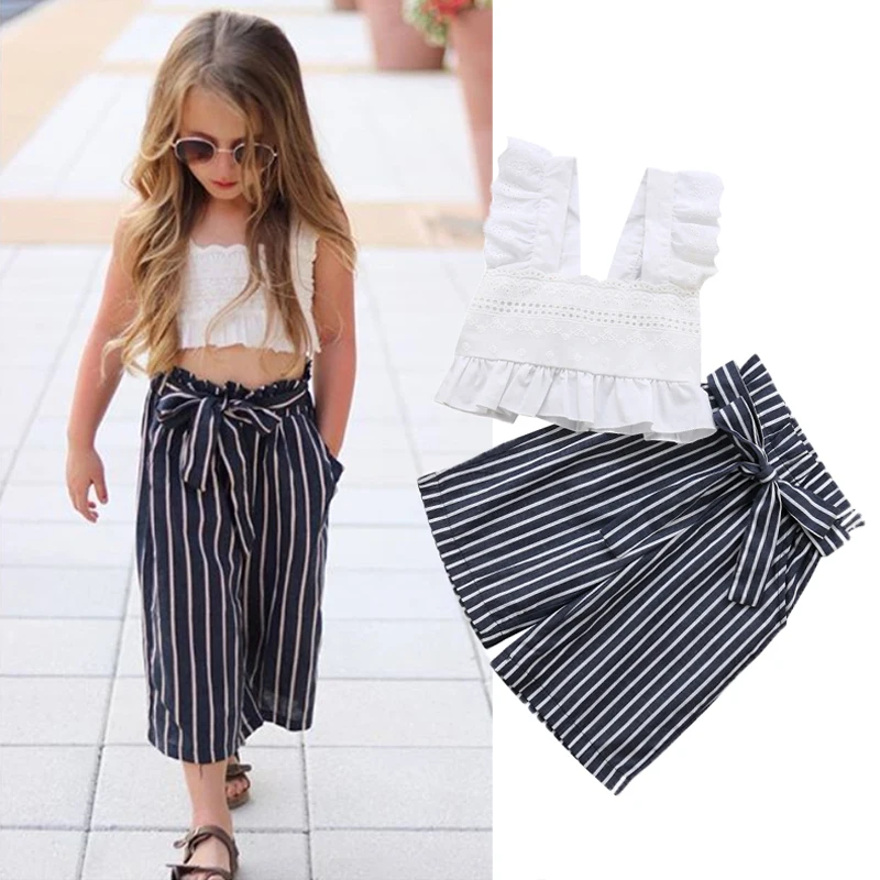 

Fashion Toddler Kids Girl Clothes Lace White Sleeveless Tops T-shirt + Striped Long Pants Outfits 2PCS