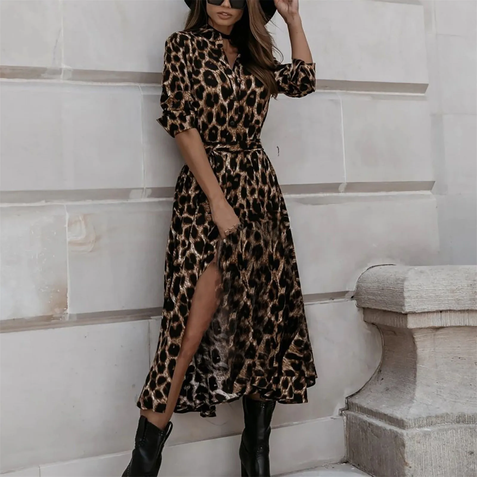 

2020 Winter Dress Women Leopard Print Boho Beach Dresses Casual Ruffle Long Sleeve Knee-Length Mini Party Dress Vestidos