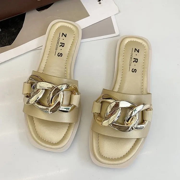

Female Shoes Slippers Flat Peep Toe Luxury Slides Low Rivet 2021 Soft Designer Summer PU Fabric Metal Decoration Rubber Casual B