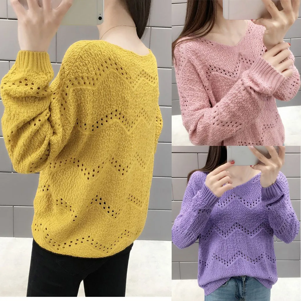 Женский свитер Повседневный вязанный v-образный вырез топы длинный рукав на