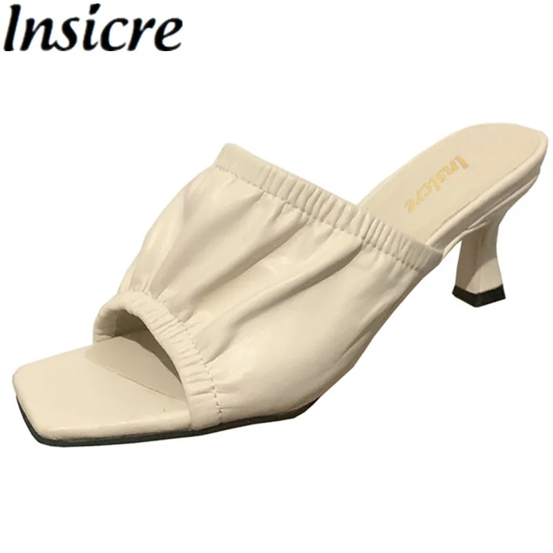 

Летние женские плиссированные шлепанцы Insicre из натуральной кожи, модные вечерние повседневные сандалии на среднем каблуке с квадратным нос...