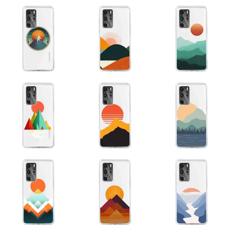 

Art painting Mountain sun print Phone Case Transparent For Huawei honor V 9 8 10 20 7 i S A C X pro lite play Soft TPU Clear