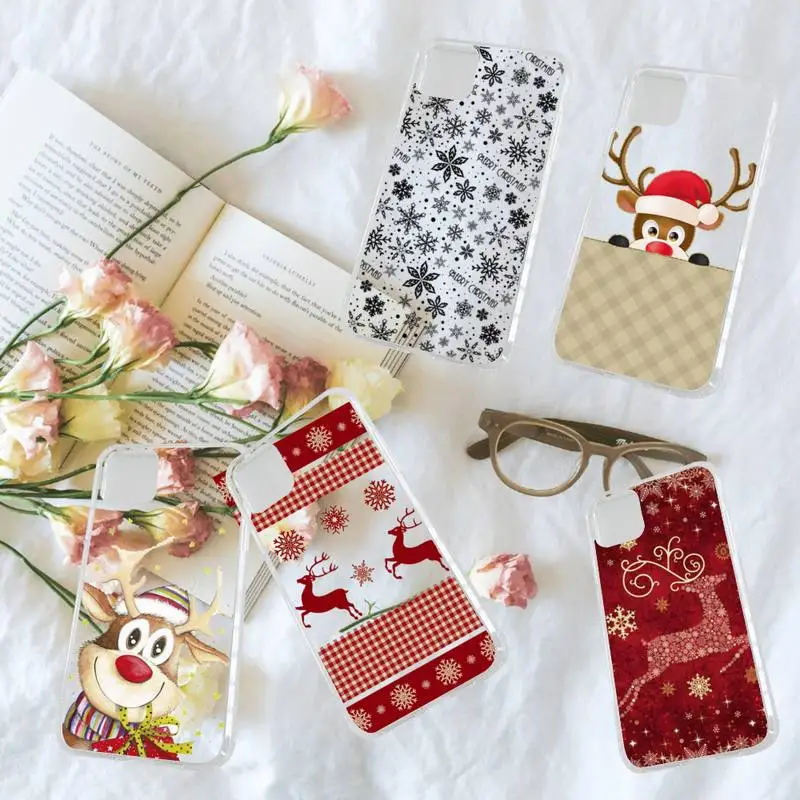 

Christmas New Year Deer Phone Case Transparent for iPhone 7 8 11 12 13 s mini pro X XS XR MAX Plus design shell capa coque