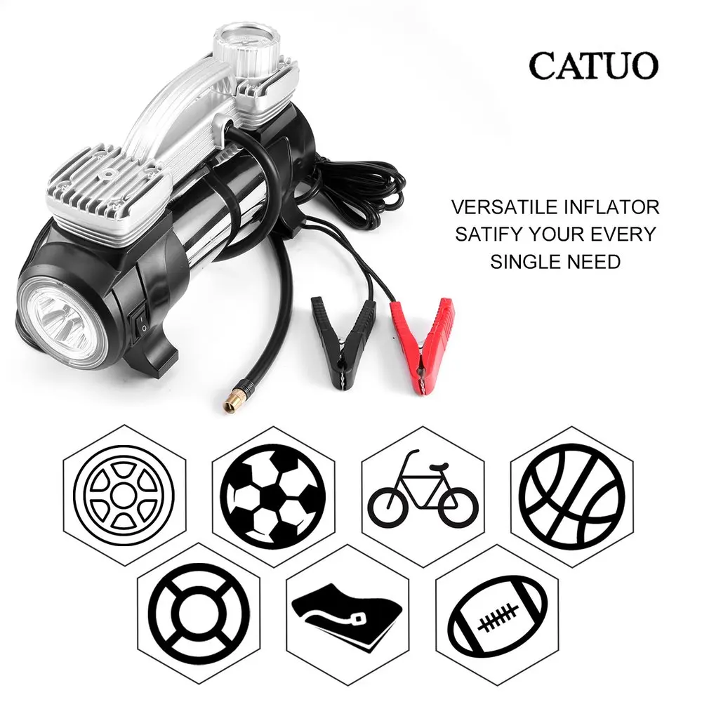 

Portable Double Cylinder Air Compressor Tire Inflator High Power 12V DC Pump to 100 Psi With LED Light Thermal Design