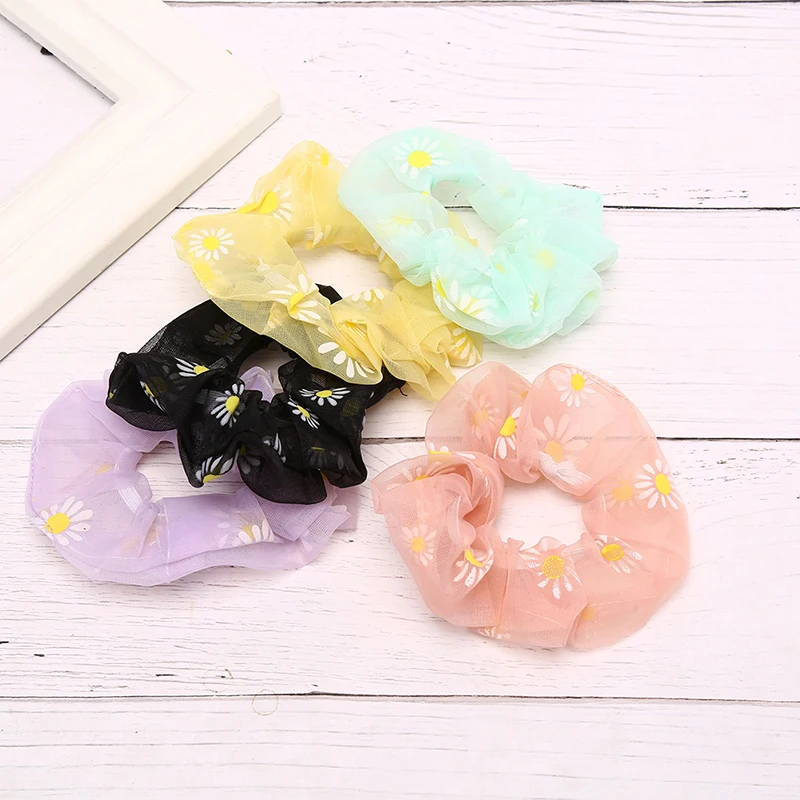 

Transparent Yarn Scrunchies Hair Ring Summer Daisy Floral Thin Mesh Embroidery Hair Tie Rubber Band Hair Rope Ponytail Holder