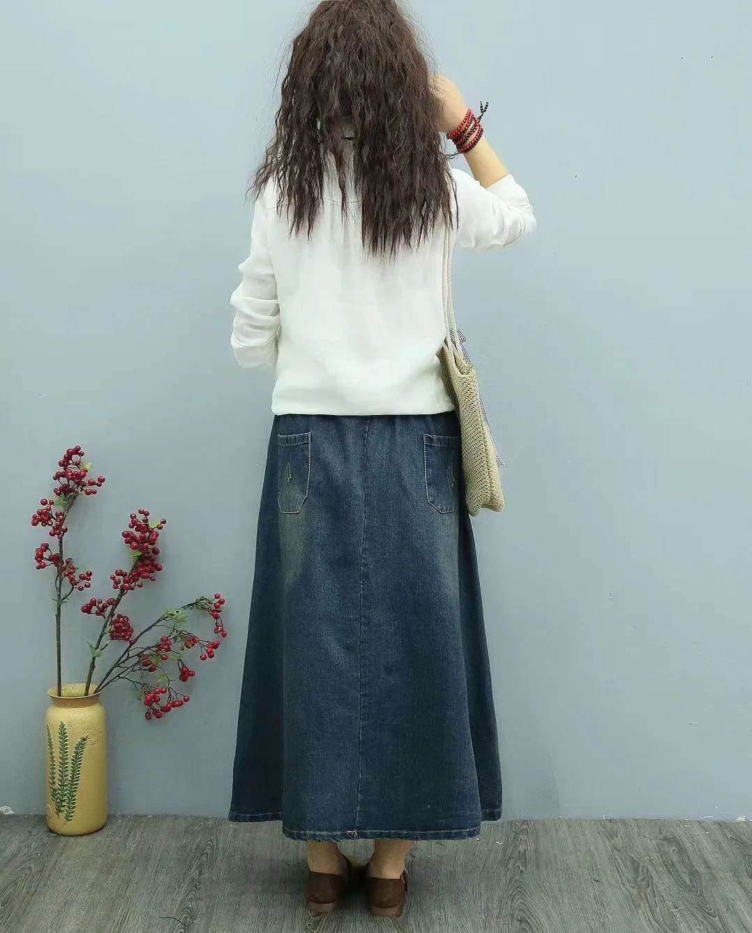 Женская джинсовая юбка с цветочной вышивкой свободная Повседневная Длинная