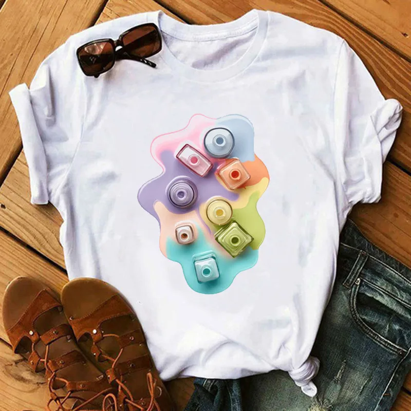

New Fashion Streetwear Colorful Nail Polish T Shirt Women Round Neck Clothes Summer Tops Tee Shirt Female Vogue Funny T Shirts