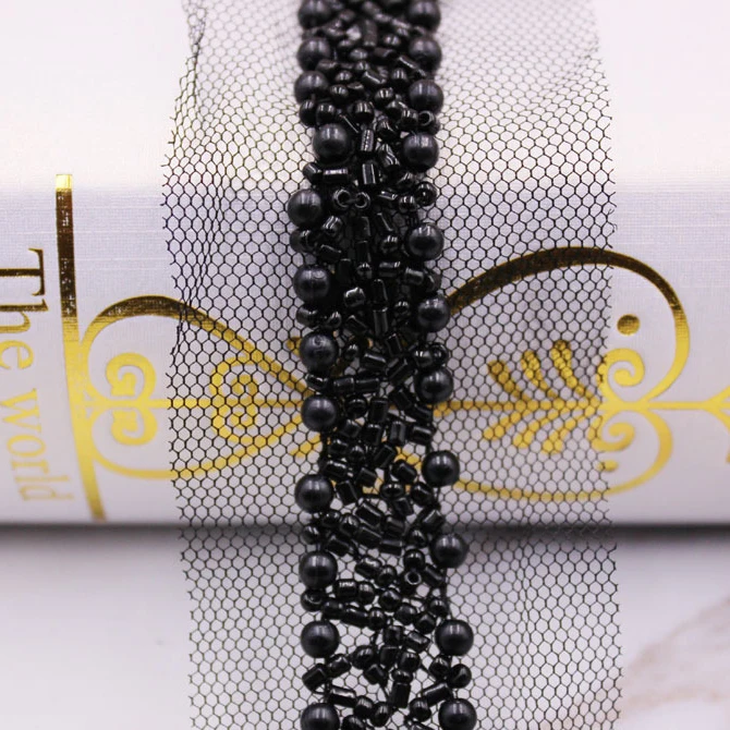 10 ярдов ручной работы белый черный серый бисер кружевной отделкой лента-сетка