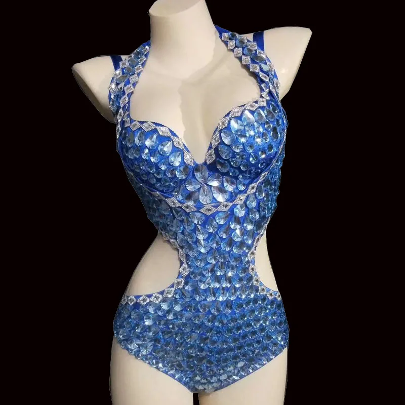 Sexy Stage Flashing Blue Silver Rhinestone Bra Low Collar Bodysuit Women Singer Jazz Dance Show Outfit Prom Party Spandex Outfit