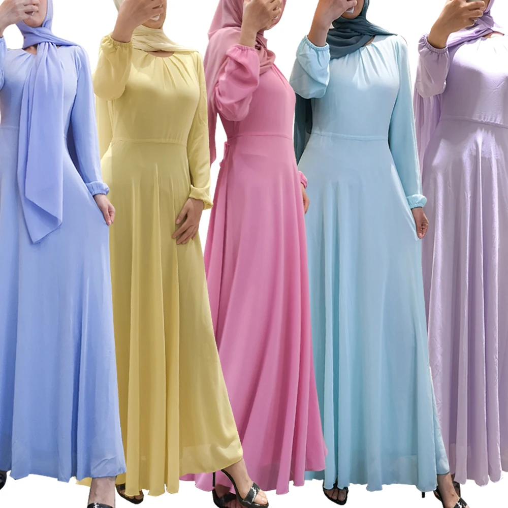 Длинное шифоновое платье для женщин, мусульманское, однотонное, элегантное, для Рамадана, мусульманского, арабского, джилбаб, кафтан, вечерн...