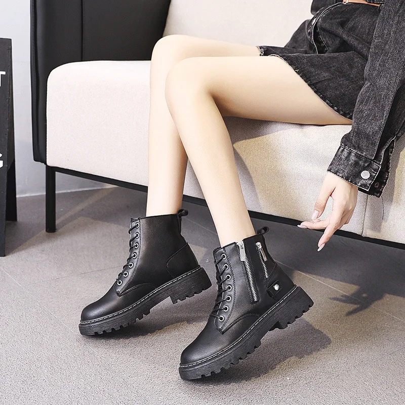 

Fall Winter New Handsome Leather Short Riding Boots Flat Platform Cross-Tide Zip Women Anklle Booties Black Thick bottom Shoes