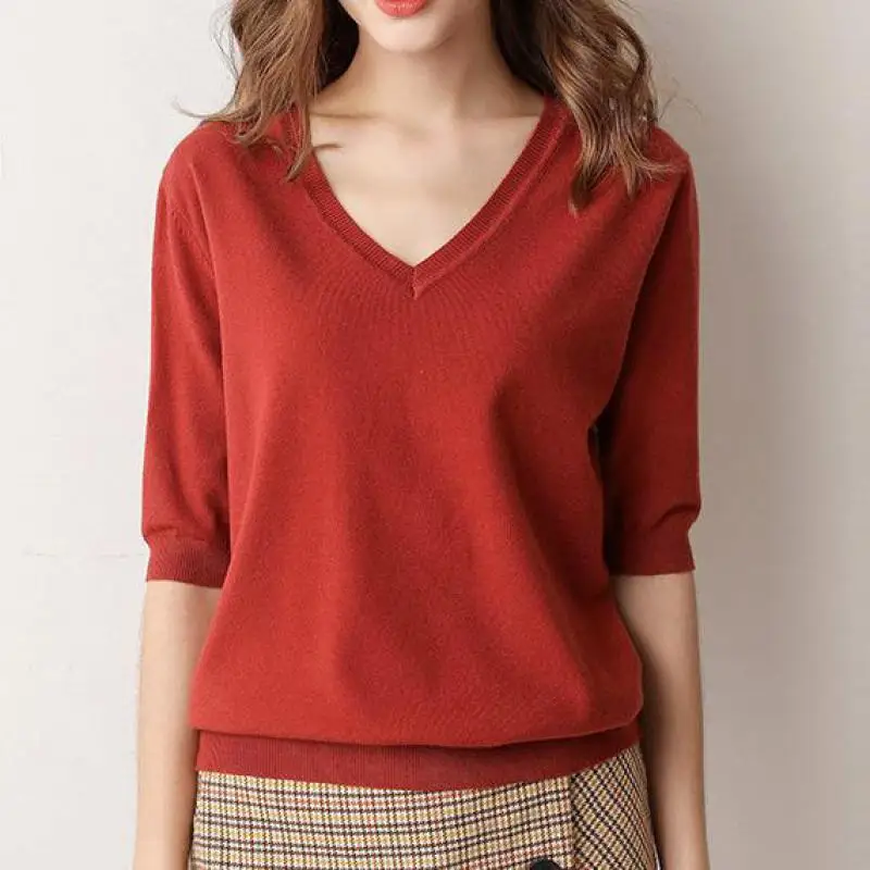 

Summer Solid Color Short-sleeved Knitted Sweater Women's T-shirt Women Foreign Style V-neck Half-sleeved Korean Bottoming Tees
