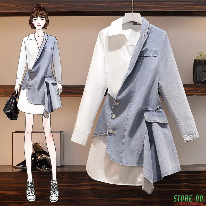 

Korean Large Size Women's Autumn Clothes New Style Irregular Denim Stitching Dress Slim Female Long Sleeve Shirt Dress L-4XLY034