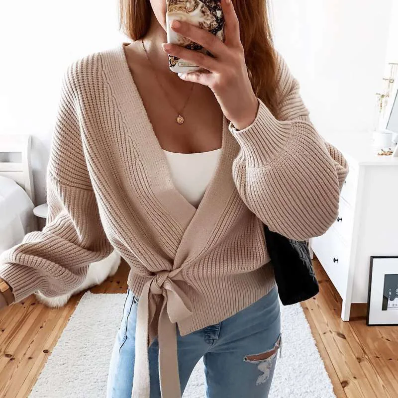 

Autumn Winter Women Cardigans Warm Knitted Sweater Long Sleeve Loose Knitwear Lace Up Tunic Casual Sweaters Knit Cardigan Tops
