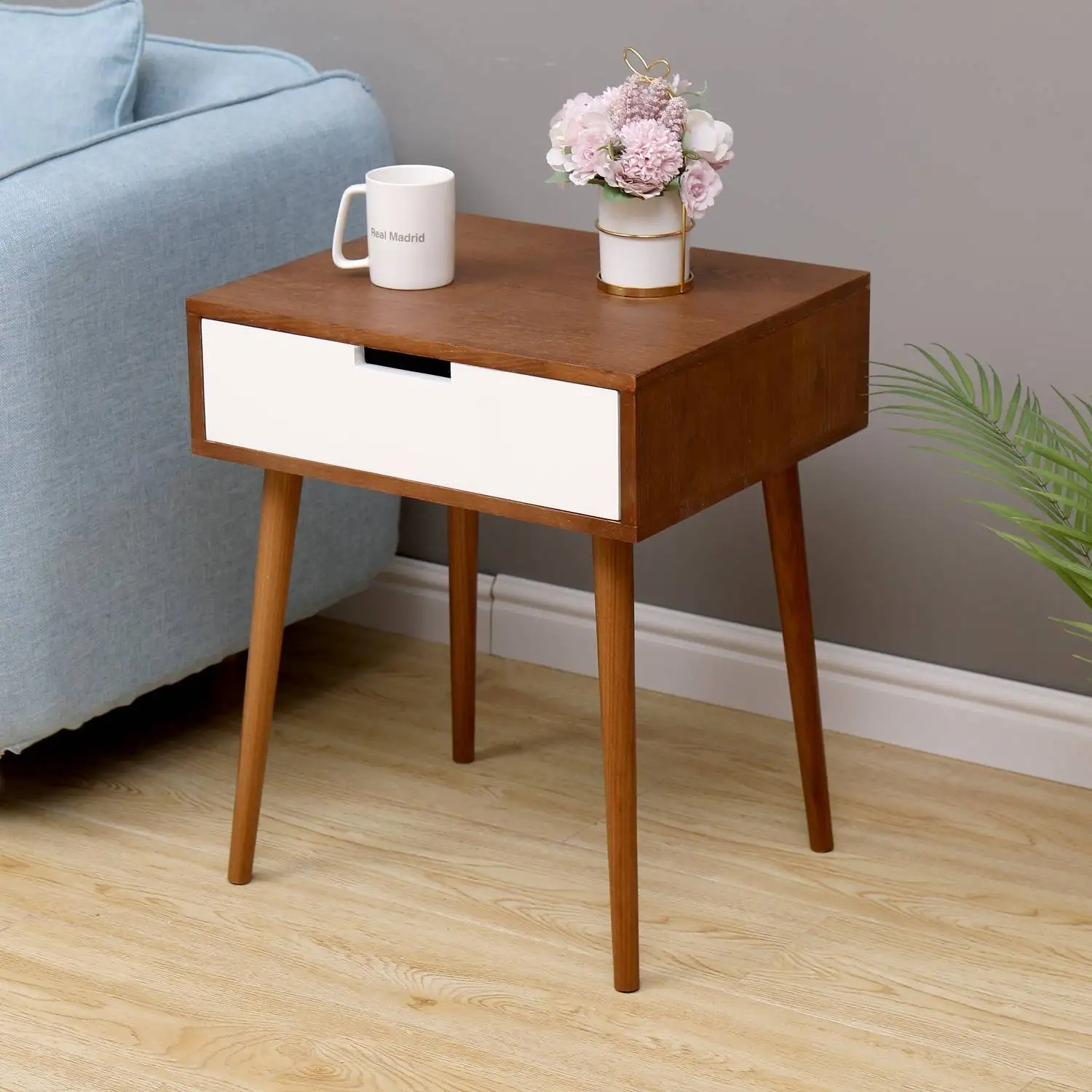 

Wooden Light Fraxinus Mandshurica/White Side End Table Nightstand with Drawer Bedroom Cabinets for Storage Small Side Table