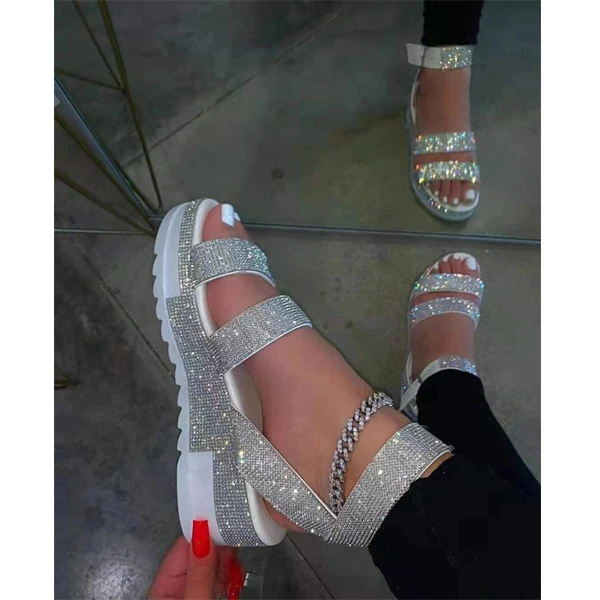 

2021 Summer Sandals Fashion Rhinestone Women's Shoes Open Toe Low Heel Outdoor Sandals Plus Size 43
