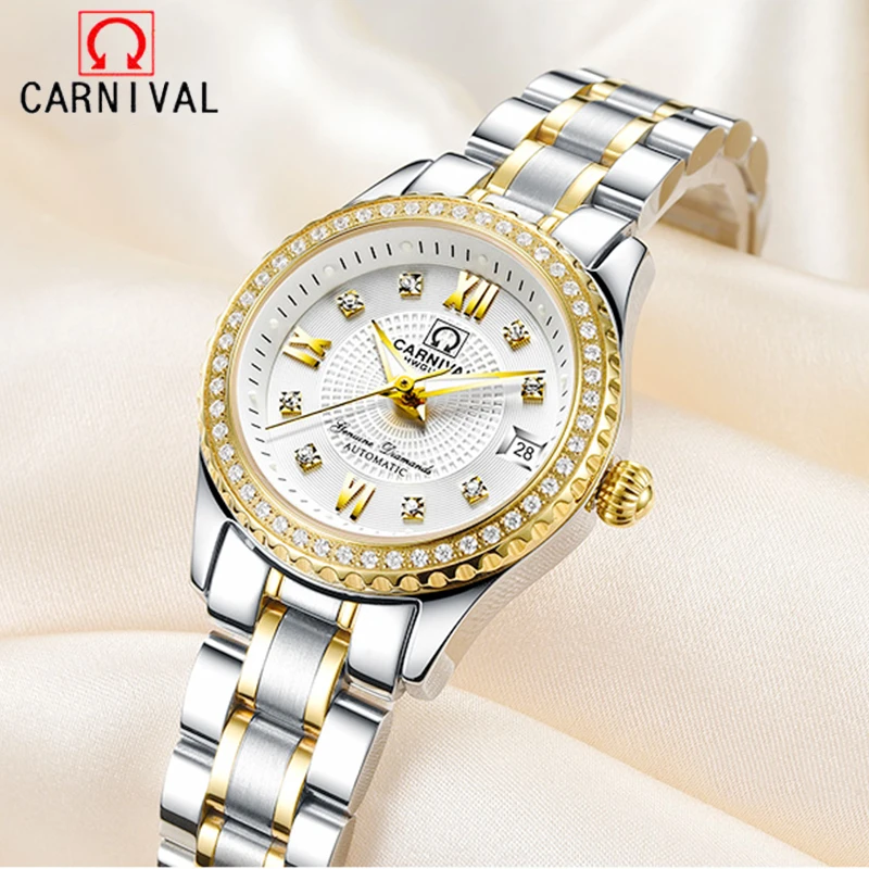 CARNIVAL Brand Luxury Wrist Watches for Women Ladies Waterproof Sapphire Automatic Mechanical Wristwatch Luminous Montre Femme