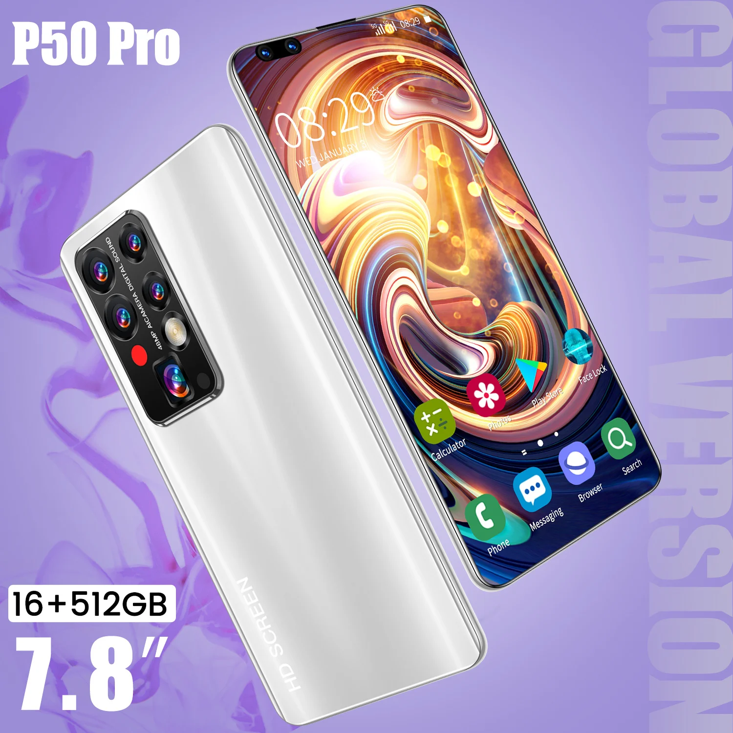 

Smartphone 5G P50 Pro 7.8Inch 16+512G 40MP+48MP 3040*1440 MT6889 10Core 5600MAH Dual SIM Android11 Face Finger ID Global Version