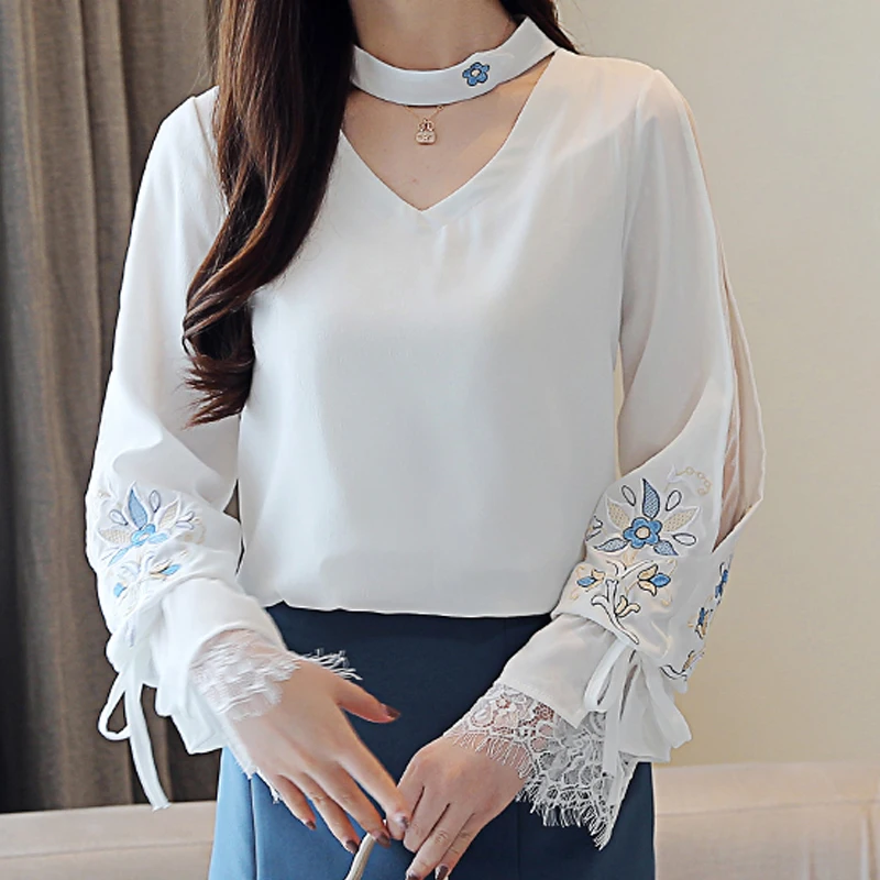 

вышитые кружевные рукава с длинным рукавом шифон свежий белый Корейский стиль Женская блузка Весна 2019 осень новые блузки рубашка 807A3