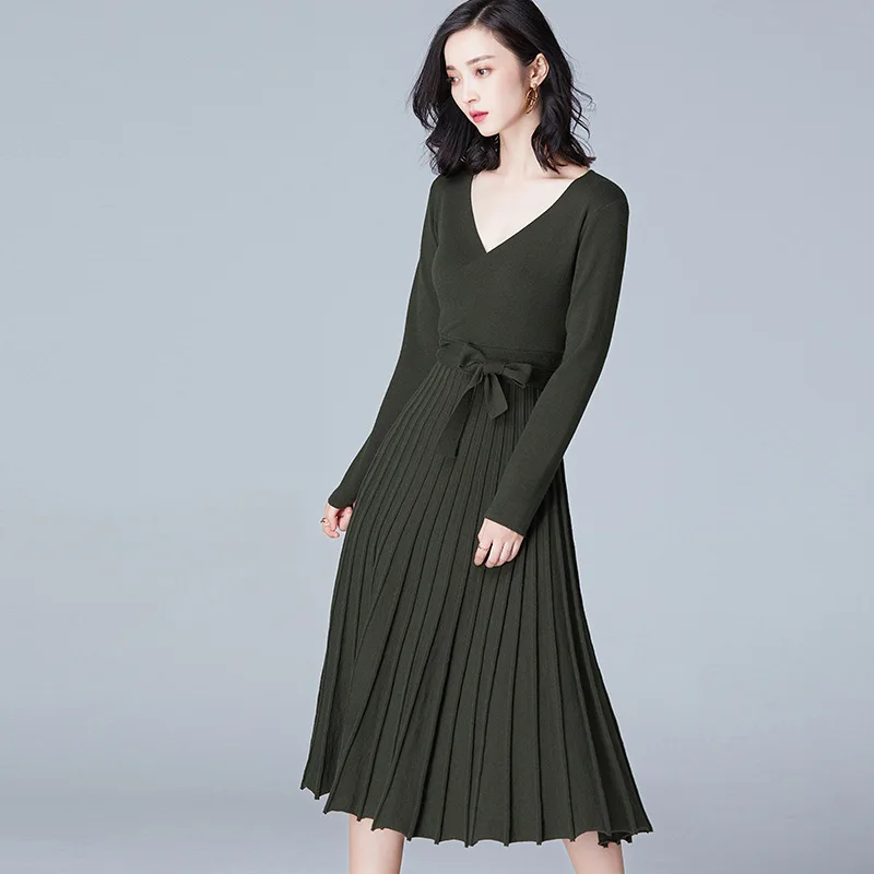 Осенне весенние Стильные женские вязаные платья сужающаяся к талии платье с v