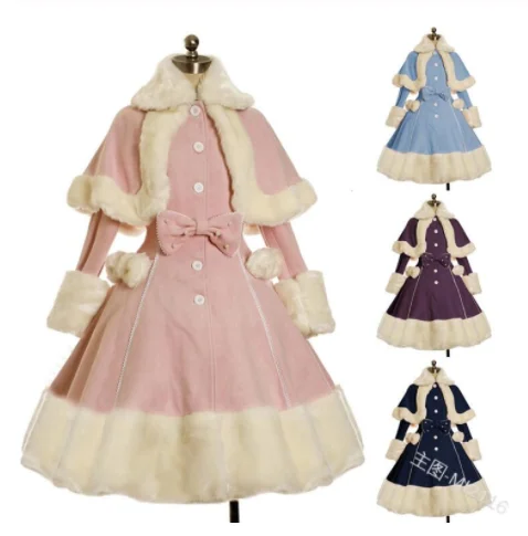 

Vintage burr lapel cape thickening keep warm bowknot high waist gothic lolita dress Winter sweet princess lolita dress loli cos