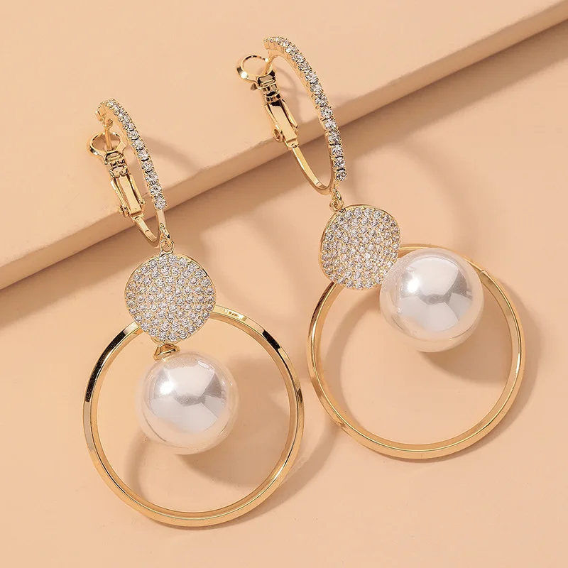 

Fashion Korean Oversized White Pearl Drop Earrings for Women Bohemian Golden Round Zircon Wedding Earrings Jewelry