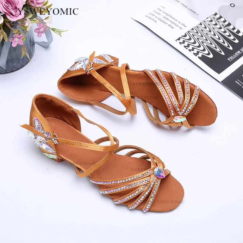 Women Satin Dance Shoes Flower Rhinestone On Low Heel 3.5cm For Practise Competition Girls Salsa Latin Dance Shoes With Diamond