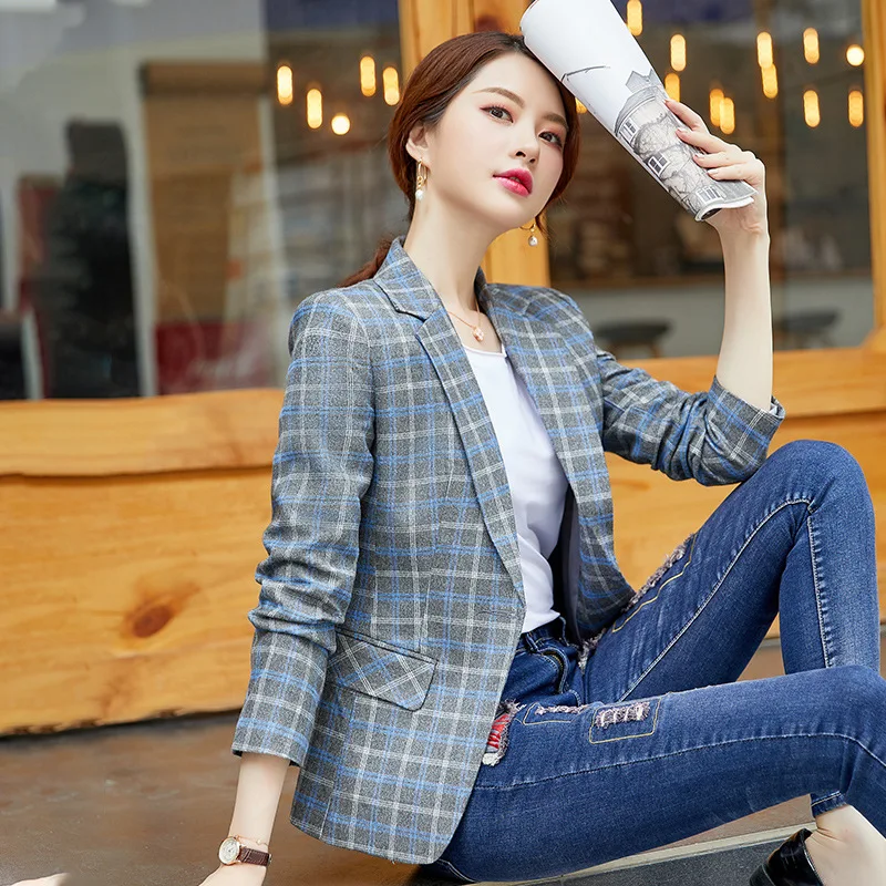 Женский клетчатый блейзер с длинным рукавом и двумя карманами|Женские пиджаки| |