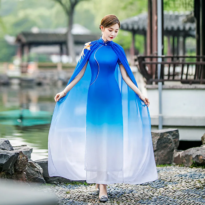 Phoenix Applique Satin Qipao Blue-White Gradient Cheongsams Set Women Sexy Big Size Cloak Dress 2PCS Performance Grace Vestidos