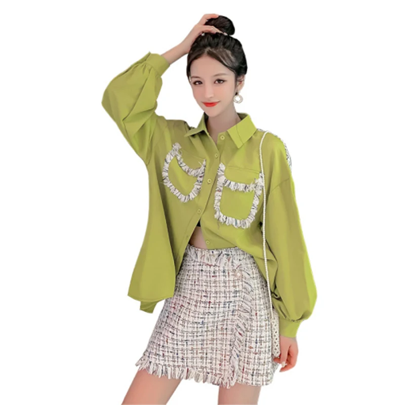New Arrival Autumn Korea Fashion Women Two Piece Set Skirt Green Blouse+high Waist Tassel Mini Skirt Set 2 Piece Skirt Set D535