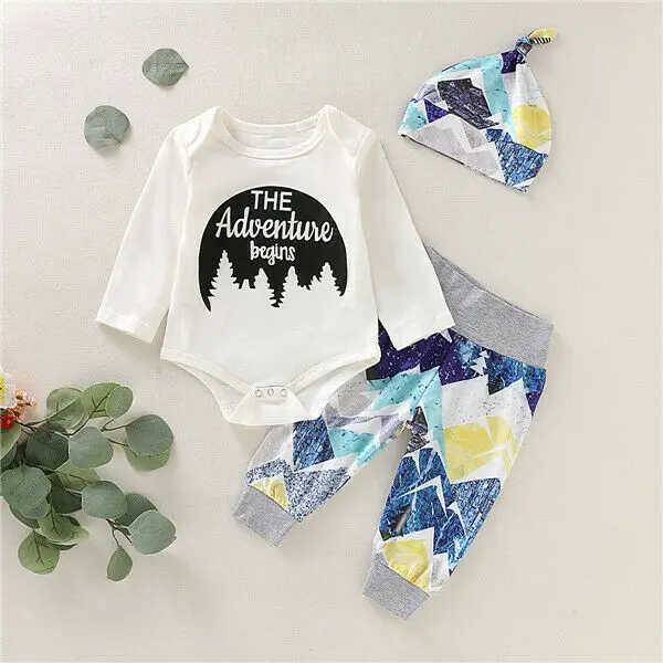 Baby Boys Girls Clothes Set 2019 Toddler Infant Newborn Autumn Long Sleeve Letter Bodysuit Tops Pants Hat Clothing Outfits 2PCs | Детская