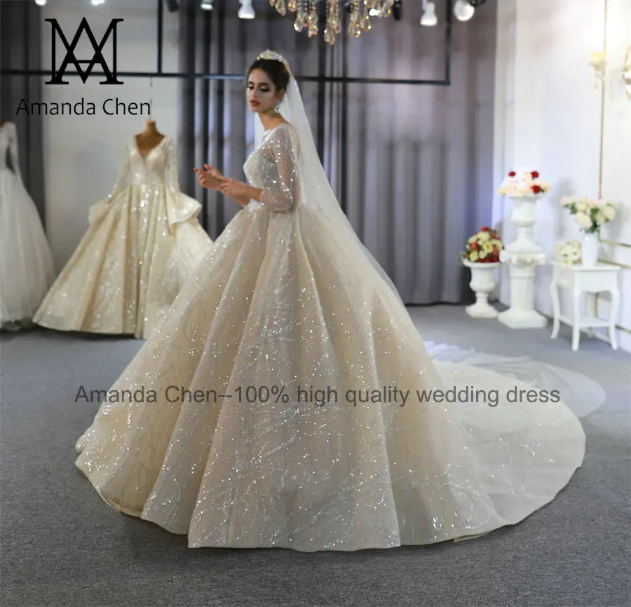 Высококачественное свадебное платье с длинным рукавом и блестящими бусинами со