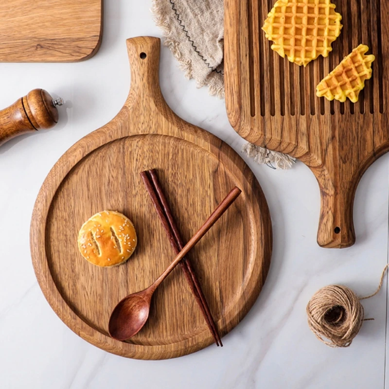 

Wooden 9" Round Bread Tray Cutting Board with Handle Pizza Bread Serving Tray Wooden Dishes Tableware Plate Bakeware