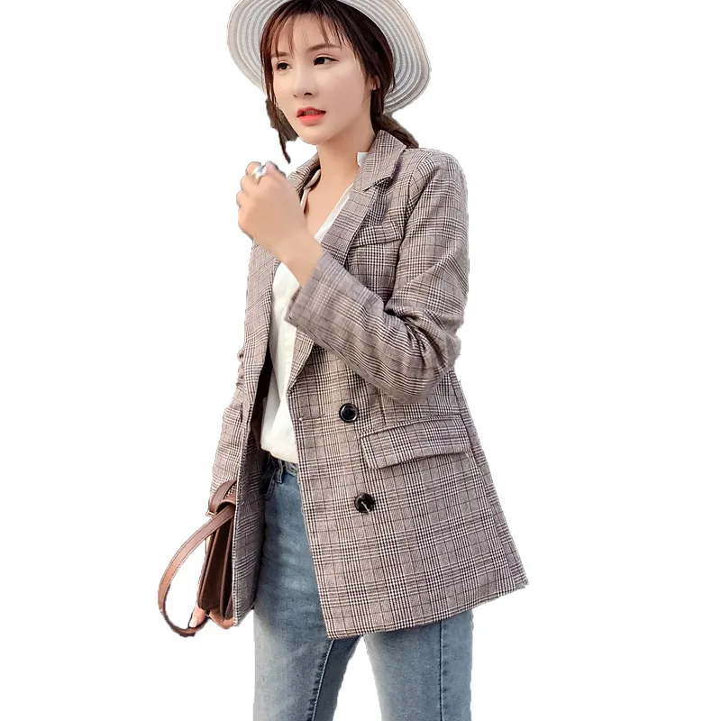 

spring women Double-breasted Vintage plaid suit jacket short casual suit autumn women blazers jackets plus size blazer feminino