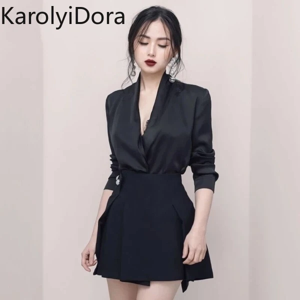 

2 Piece Sets V-neck Long Sleeve Shirt and Button Patchwork Mini Skirt Suits For Women Spring Summer Female Sets