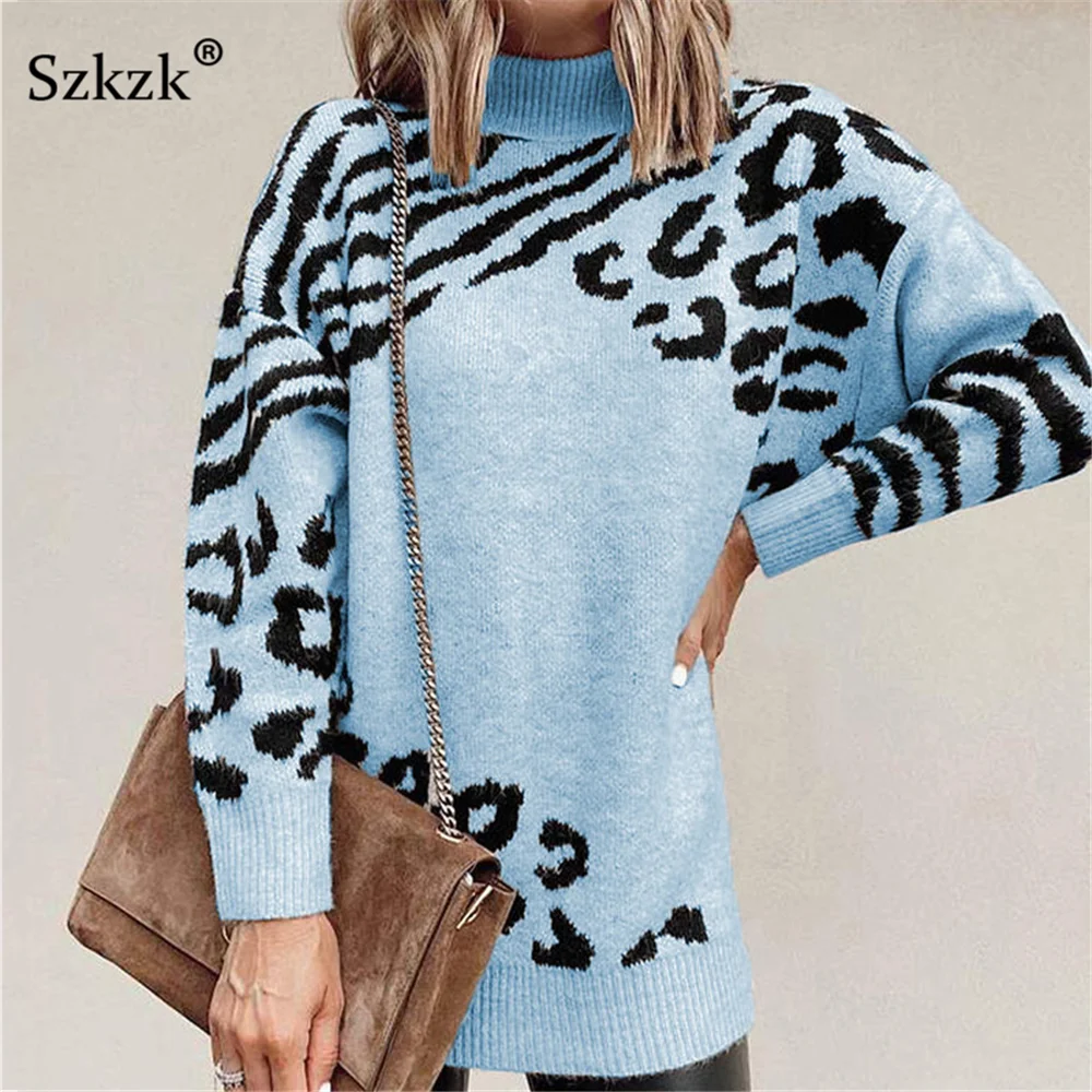 

Szkzk Patchwork Leopard Print Loose Sweater Female Jumper Long Sleeve Turtleneck Sexy Women Baggy Knitted Sweaters And Pullovers