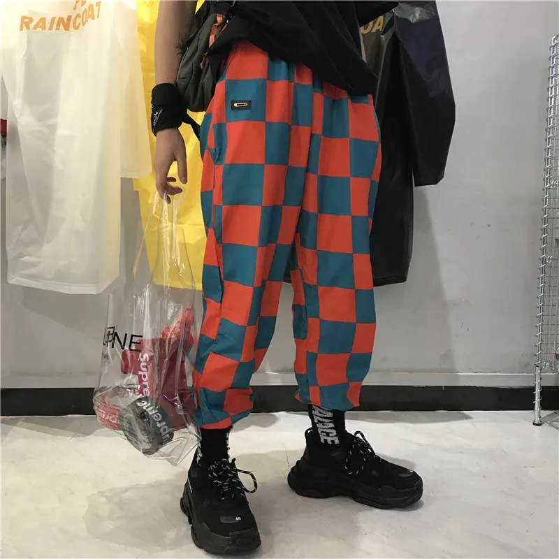 

Men Harajuku Plaid High Loose Trousers Korean Couple Casual Pantalon Pockets Fashion Hip Hop Spring New Checkerboard Harem Pants