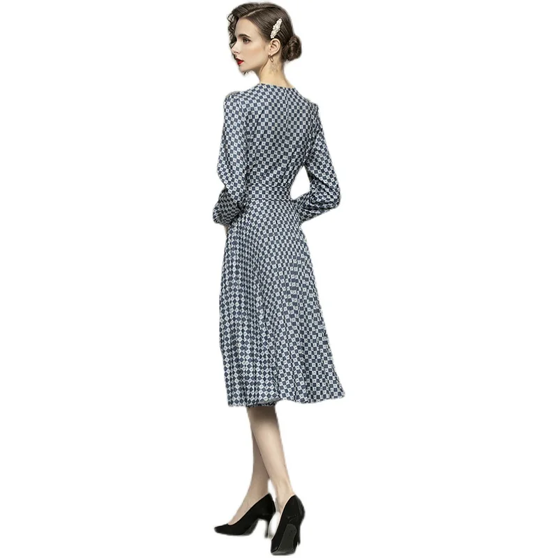 

Women Spring Designer Elegant Plaid Print Dress Sexy Slim Casual Party Robe Ladies Vinatge Mesh Lace Patchwork Dresses Vestidos