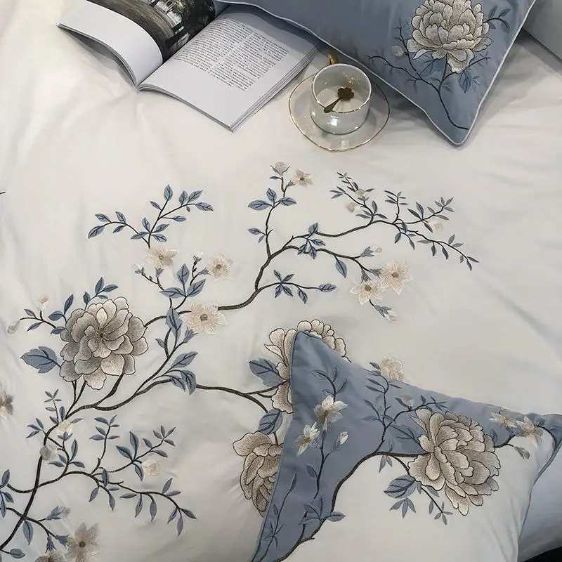 Комплект постельного белья с вышитыми цветами пиона пододеяльник длинными