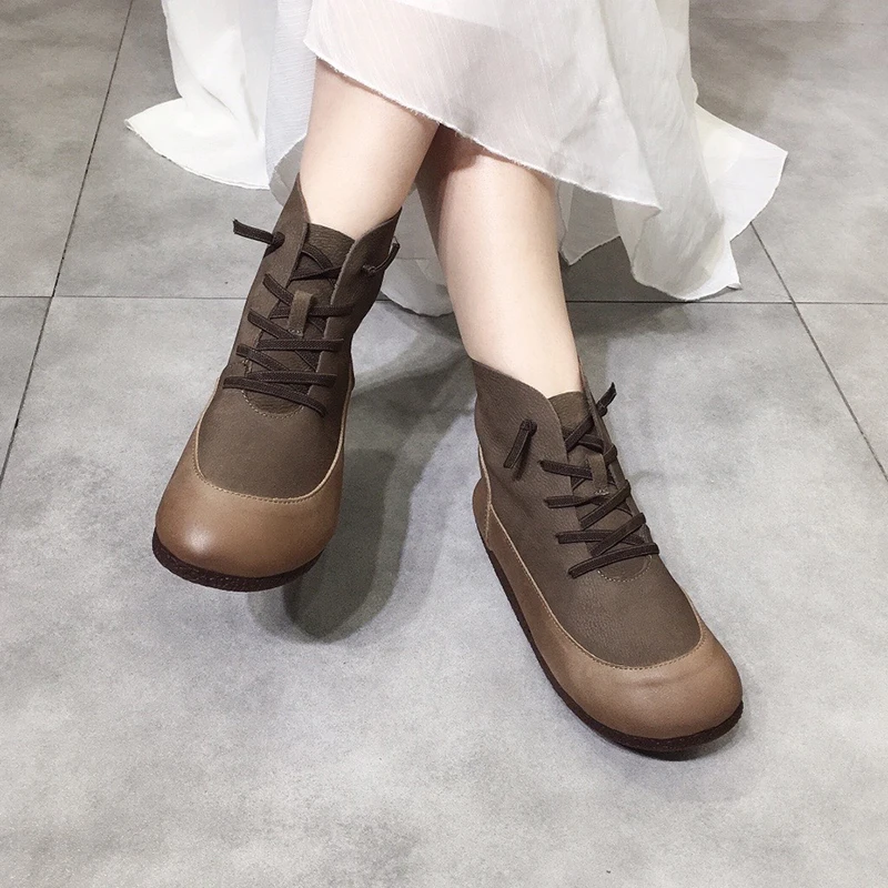 

Women Boots 2021 Spring And Autumn Leather Retro Martin Boots Top Layer Cowhide Flat Soft Bottom Lace Elastic Rope