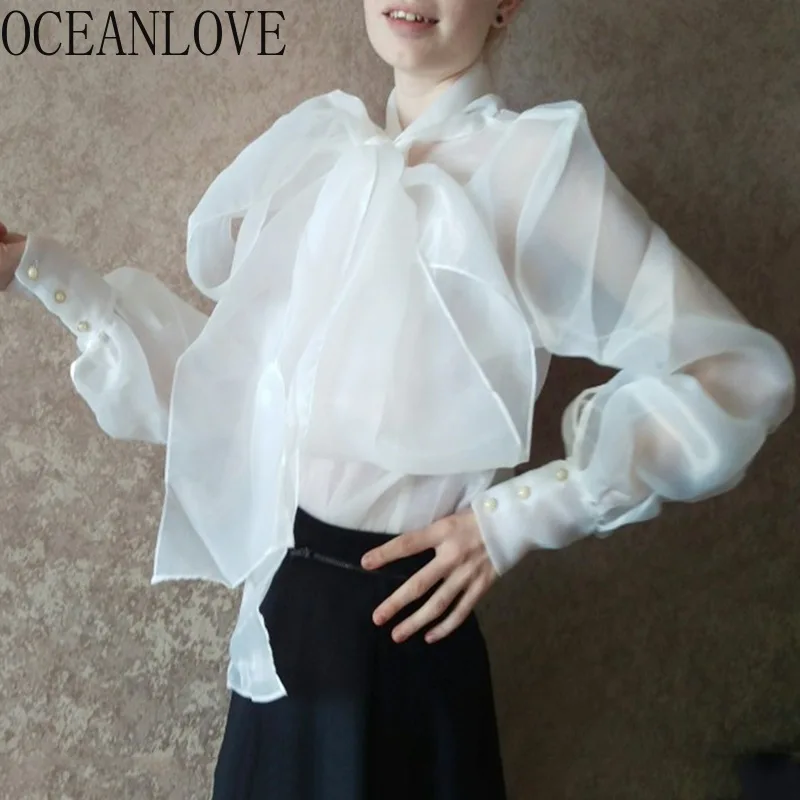 Женские блузки из органзы OCEANLOVE однотонные с большим бантом высокая мода Ropa Mujer