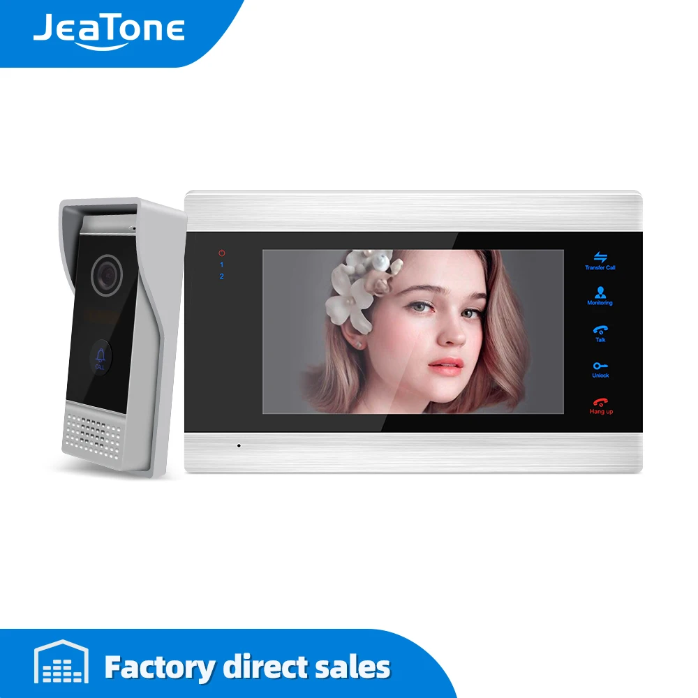 

Видеодомофон JeaTone, 7-дюймовый цветной дверной звонок, связь через Intercom, 1200TVL, разблокировка с высоким разрешением, комплект домашней безопасн...