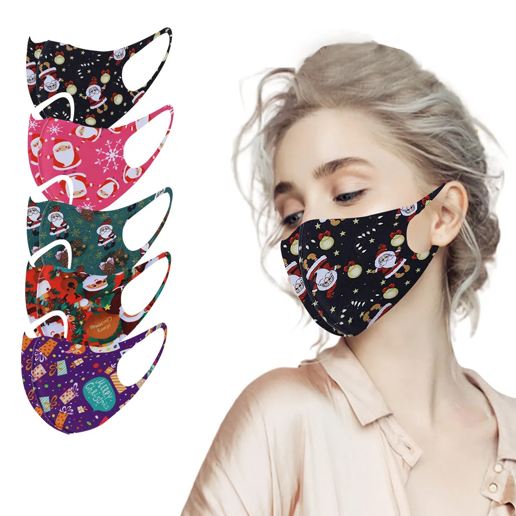 

5PCS Adults Mouth Masks Christmas Print Ice silk Cloth Face Masks Drop ship Mascarillas Face Shield Masque Facial Mask Drop Ship