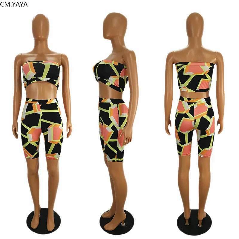 CM.YAYA Women Sport Two Piece Set Geometric Strapless Crop Tops Knee Length Jogger Sweatpants Suit Tracksuit Matching Outfit | Женская