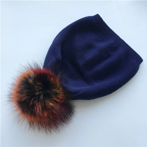 Navy colorful fur Вязаная шапка из натурального меха енота с помпонами, женские шапки бини, кашемировая зимняя шапка, Женская хлопковая шапка Skullies, шерстяная шапка - Цвет: Navy colorful fur