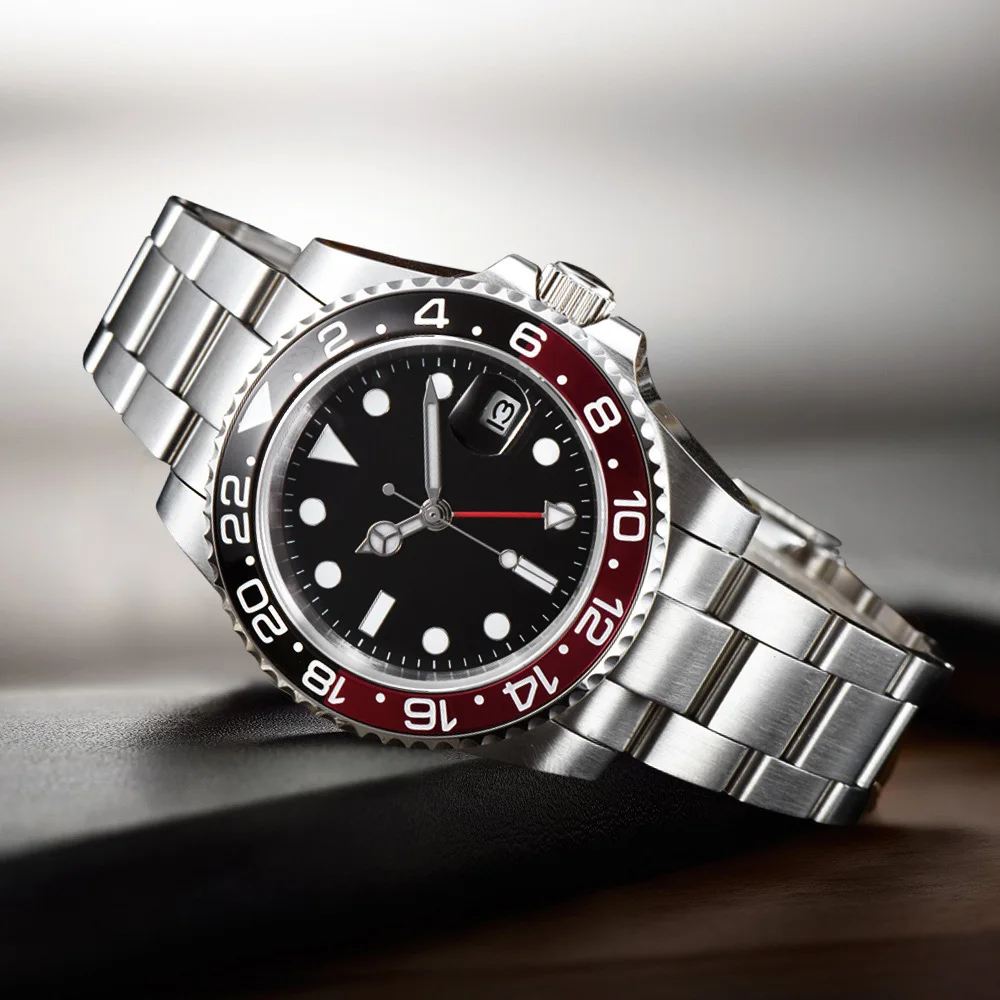 Мужские часы GMT 40 мм стальной ремешок вращающийся Безель автоматический черный