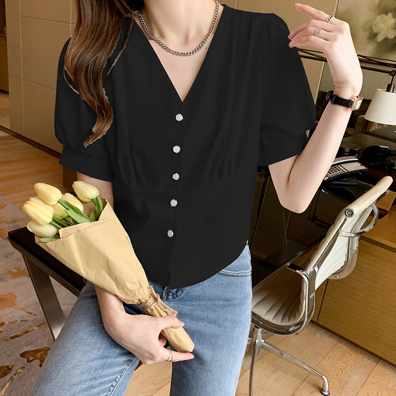 

Apricot Button Up Shirts Women Summer Short Slleeve Loose Casual V Neck Elegant Black Office Wear Tops Plus Size S-2XL
