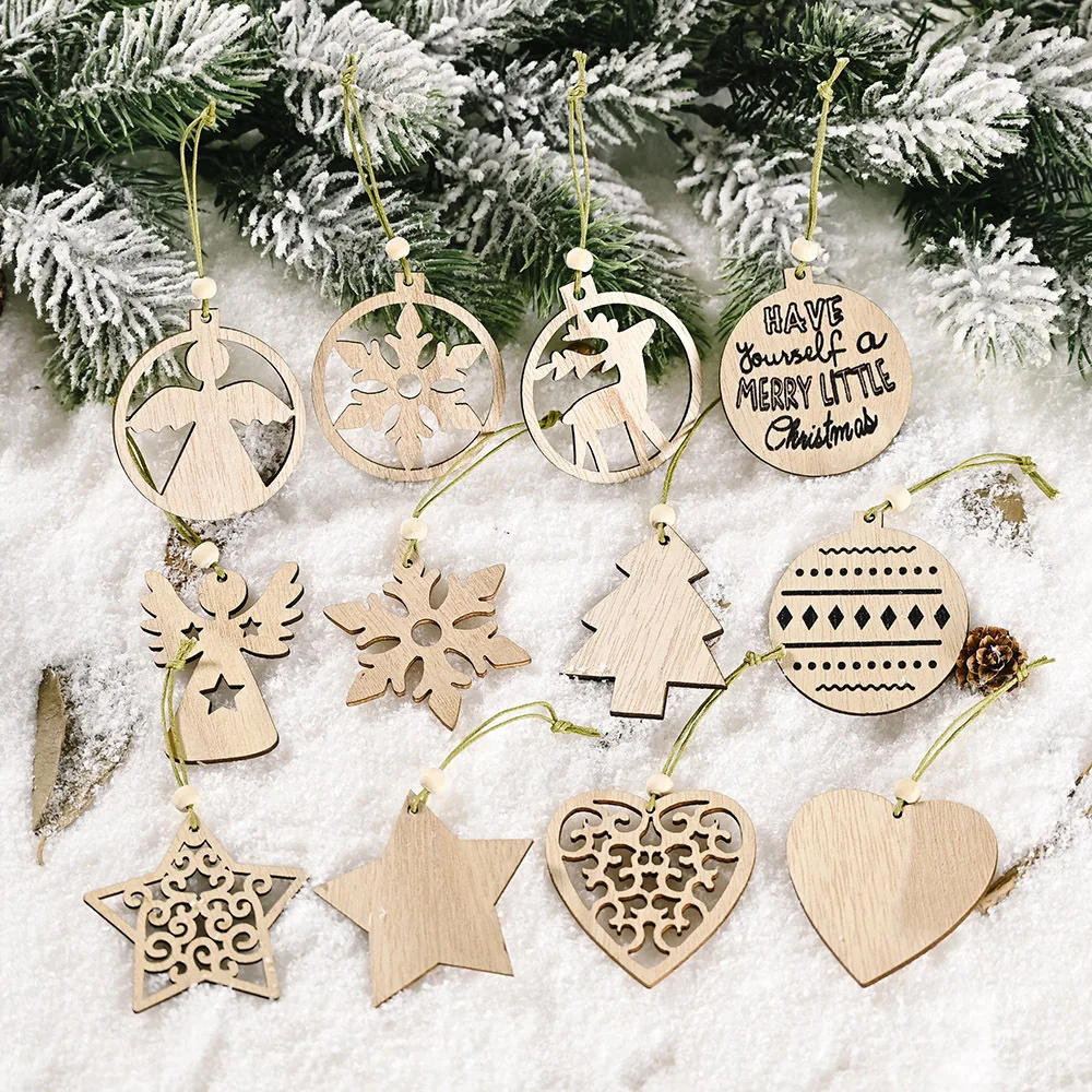 

12PCS Christmas Wooden Pendants Xmas Tree Hanging Snowflake Ornaments Merry Christmas Party Decorations New Year 2022 Gifts