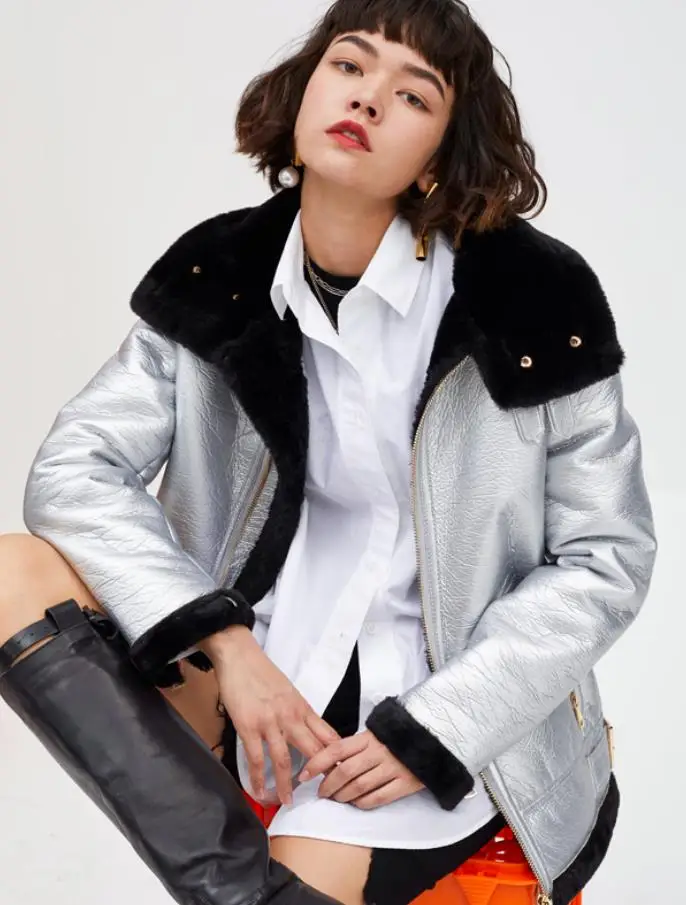 Модные Серебристые теплые куртки из овечьей шерсти с подкладкой искусственной