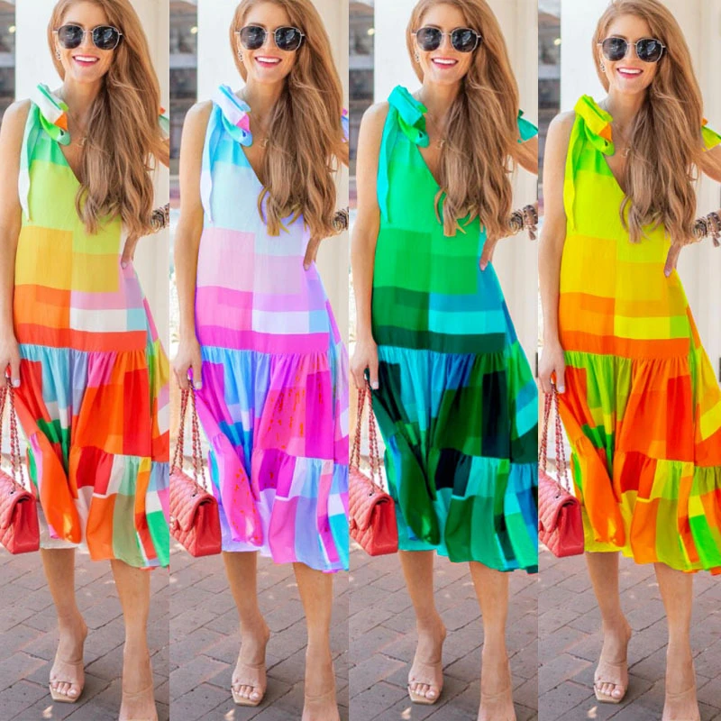 

Fashion Plaid Patchwork Women Dress Summer 2021 Casual O-neck Ruffles Loose Tank Dresses